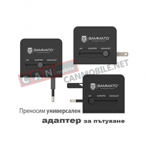 240059967 Универсален ПРЕХОД ЕВРОСТАНДАРТ интернационален  SAMMATO - Щепсел, 2хUSB- A и 1хUSB C 3-Amp черен SINA2-01