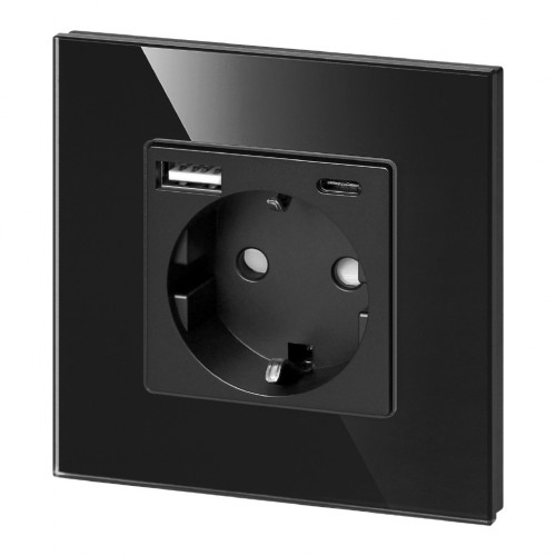 21034787 Контакт ШУКО 16А с USB тип A+C 3A 15W скрит монтаж Черен - ORNO OR-AE-13308(GS)/B